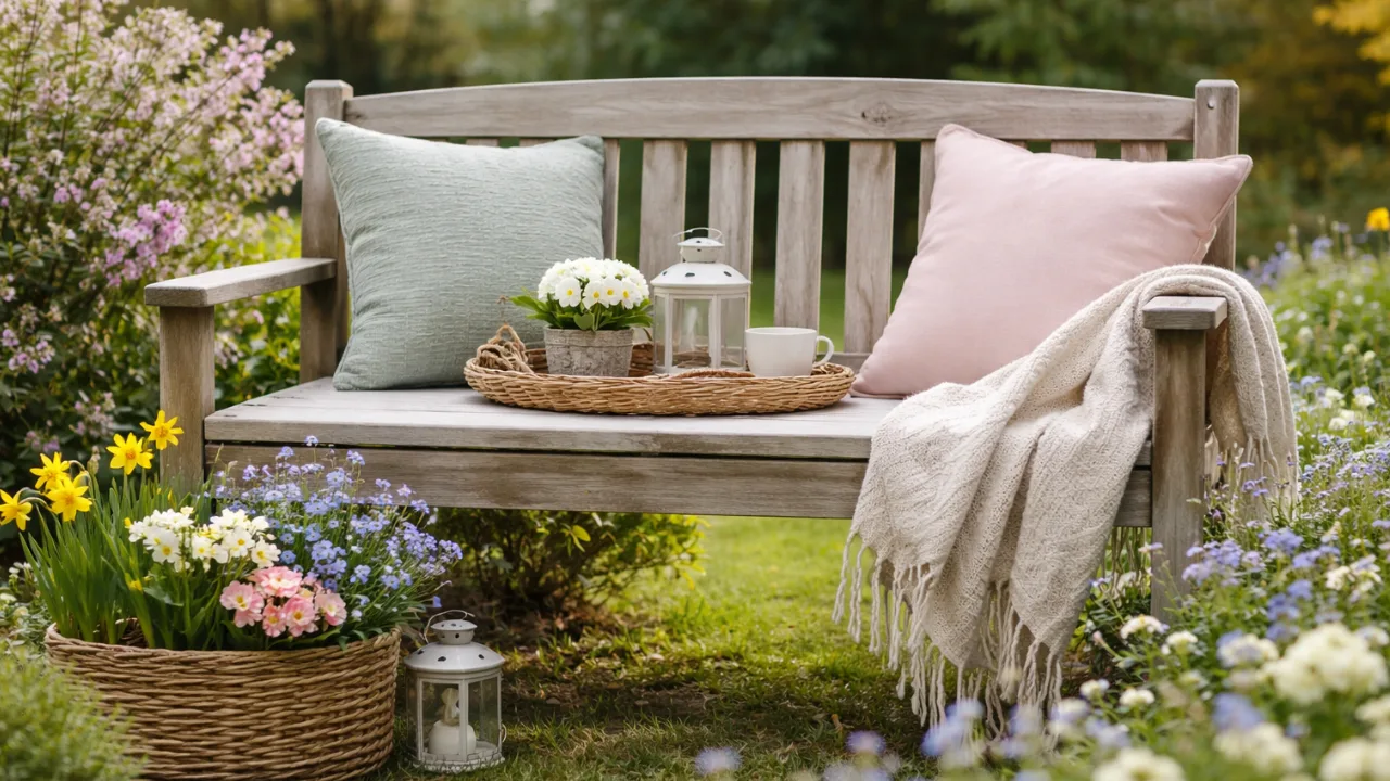 Gartenbank Deko im April mit Kissen, Frühblühern und natürlicher Gartendeko im Frühling