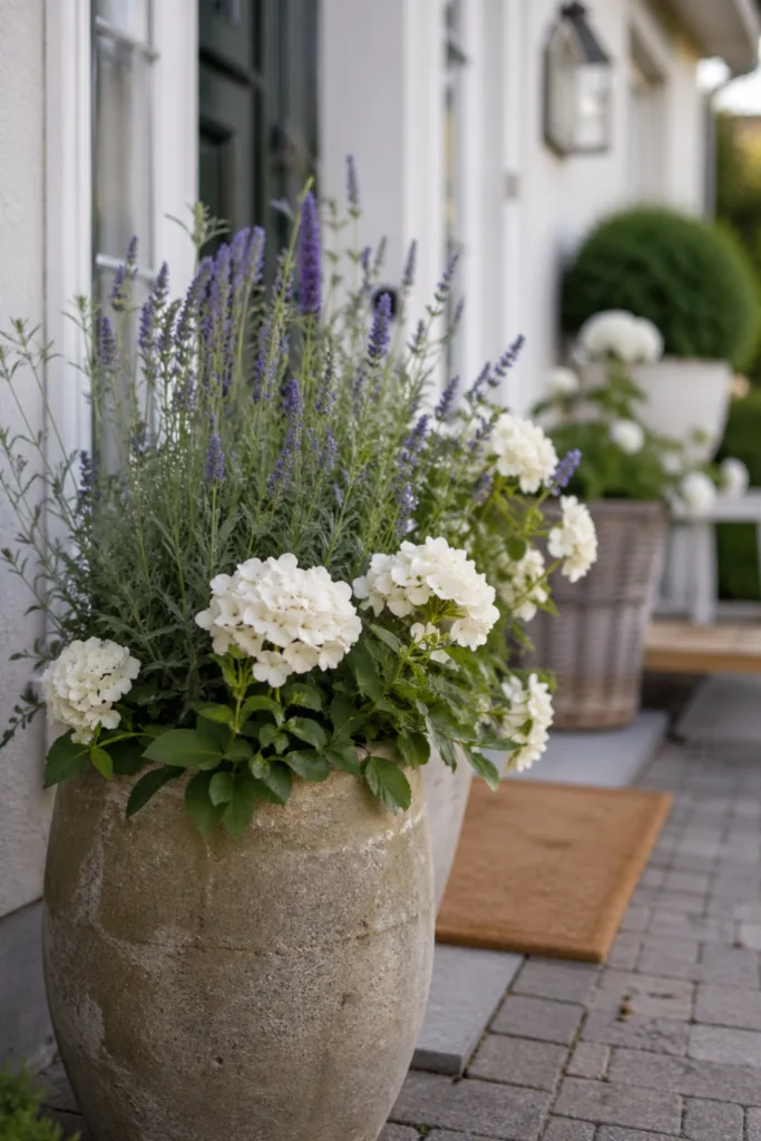 Vorgarten Deko im Mai mit Farbkonzept statt bunter Mischung, Kübel mit weißen und violetten Blumen vor Hauseingang