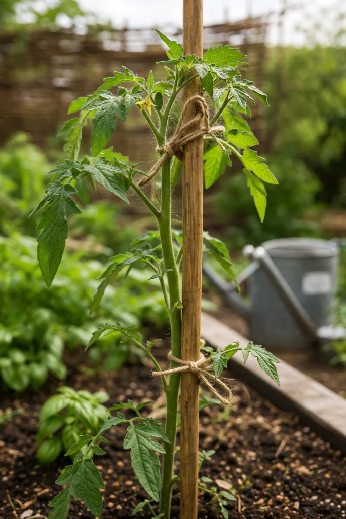 Tomatenpflanze im Mai wird mit Holzstab gestützt und locker angebunden im Gemüsebeet