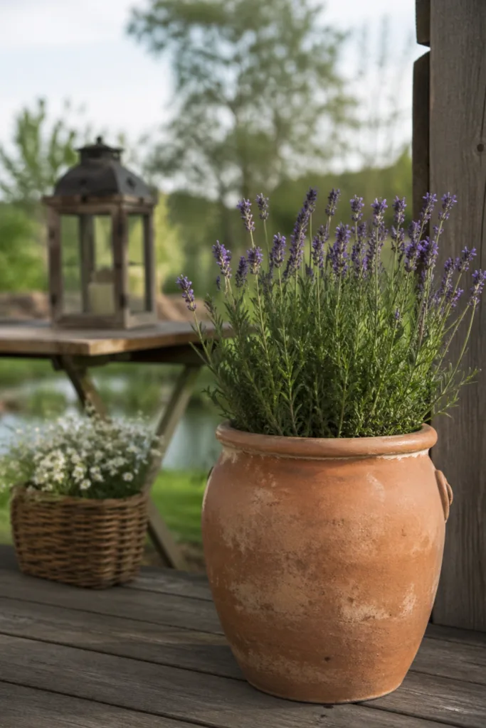 Gartendeko im Mai mit Terrakotta Topf, Lavendel und natürlicher Holzterrasse im Garten