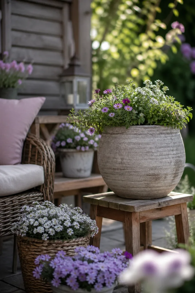 Gartendeko im Mai mit Höhenunterschieden durch Pflanzkübel und Holzhocker im Garten