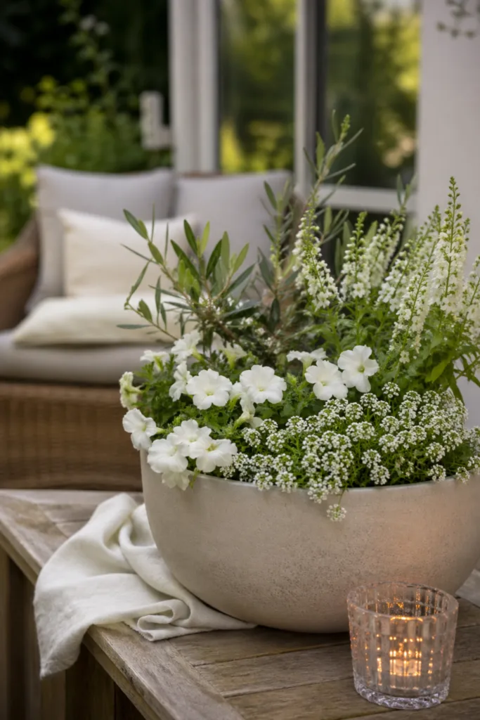 Blühende Gartendeko im Mai mit abgestimmten Farben in weißen Blüten und natürlichem Arrangement