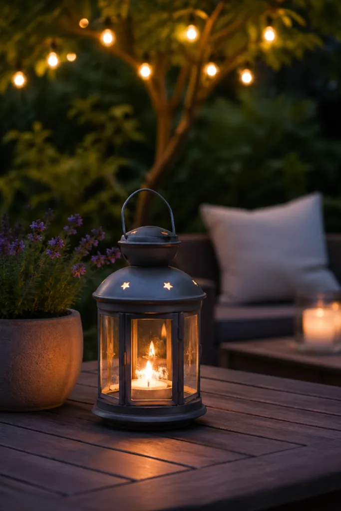 Gartendeko im Mai mit Laterne und Lichterkette für stimmungsvolles Abendlicht im Garten