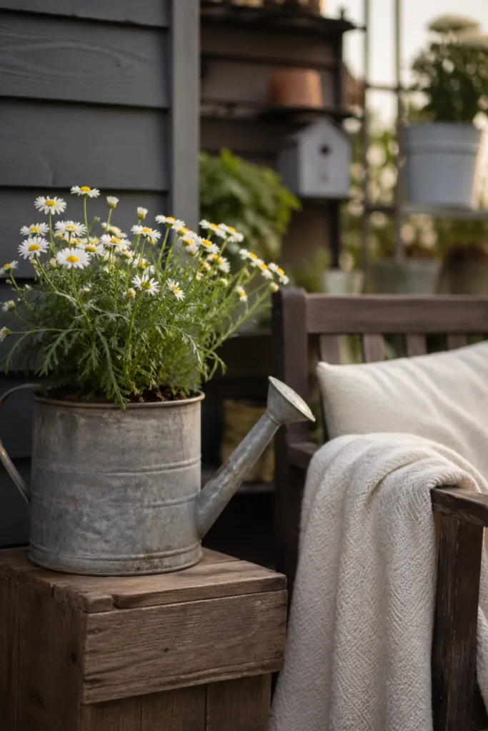 Gartendeko im Mai mit Gießkanne, Holz und Blumen als persönliche Akzente im Garten
