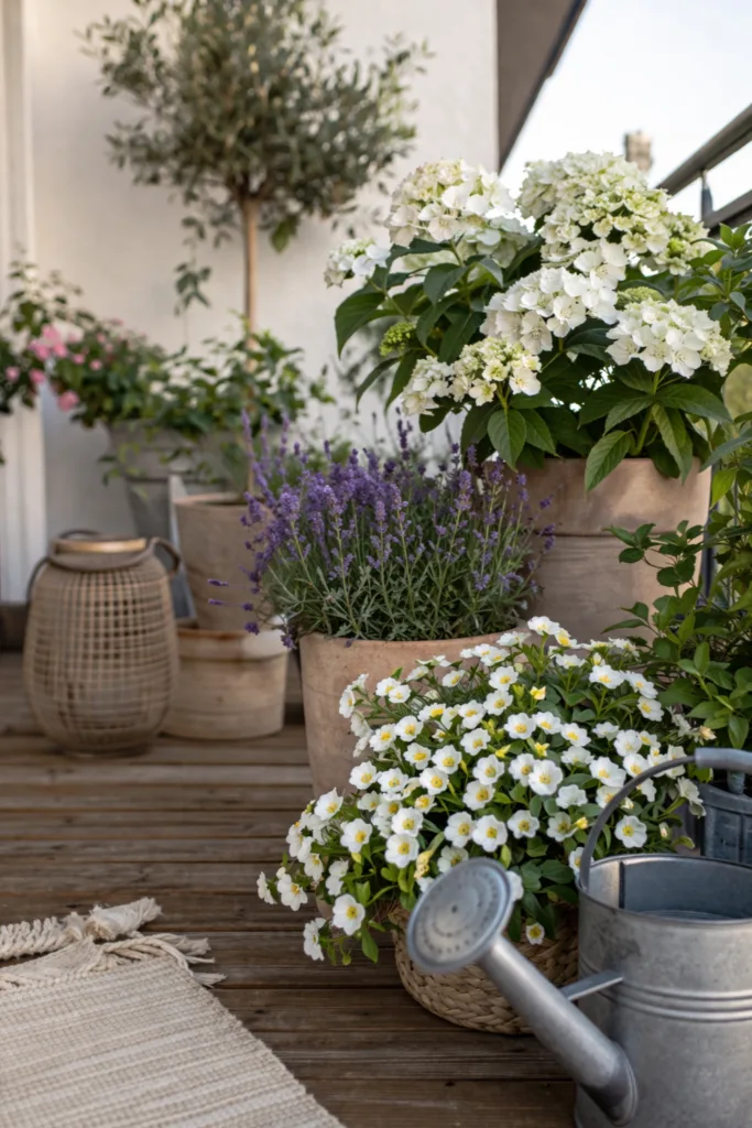 Balkondeko im Mai mit natürlichem Pflanzkonzept, harmonische Blumentöpfe und strukturierte Pflanzenanordnung