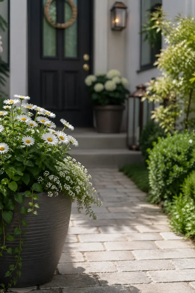 Vorgarten Deko im Mai mit Kübelpflanzen entlang des Eingangswegs und dekorativem Hauseingang