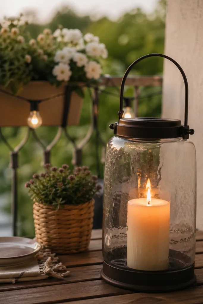 Balkondeko im Mai mit Laterne, Kerze und reduzierter Dekoration auf Holztisch