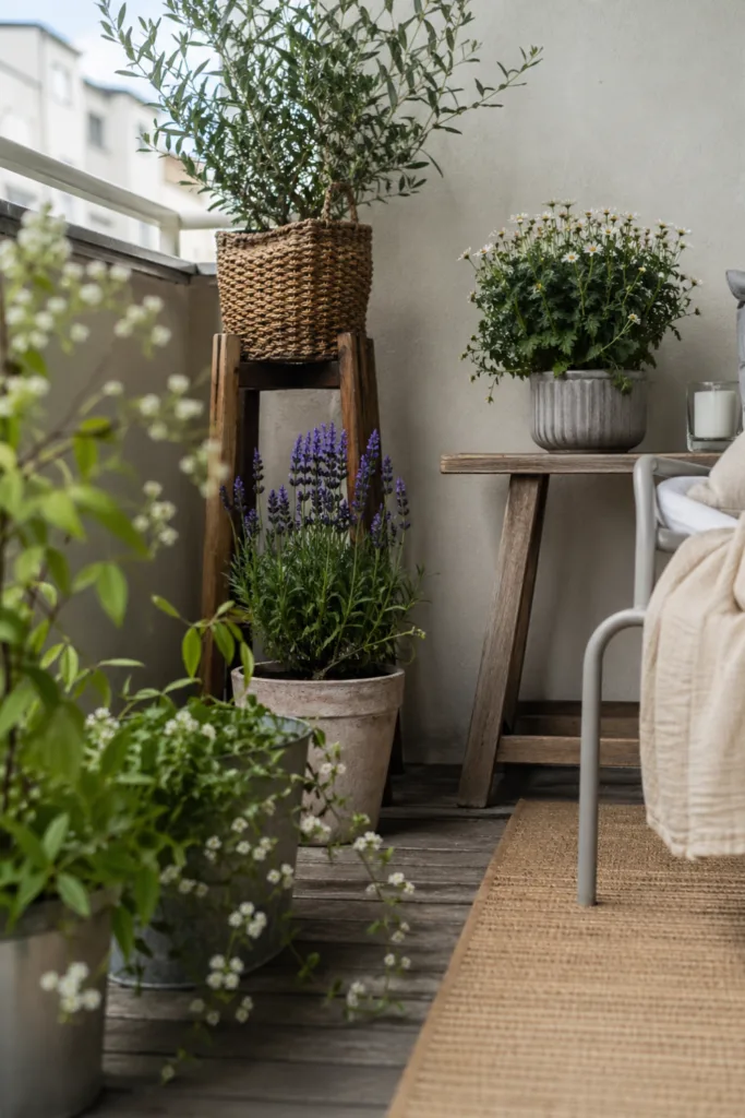 Balkondeko im Mai mit Pflanzen auf verschiedenen Höhen für mehr Tiefe und Struktur