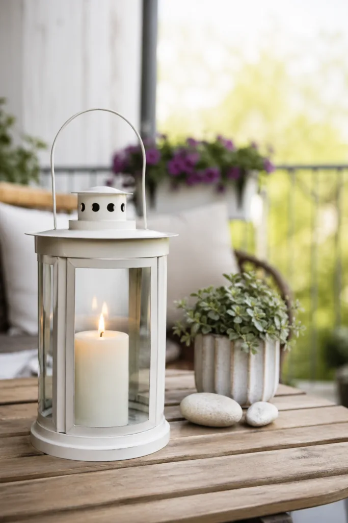 Balkondeko im Mai mit Laterne, Pflanze und ruhiger minimalistischer Gestaltung auf Balkon