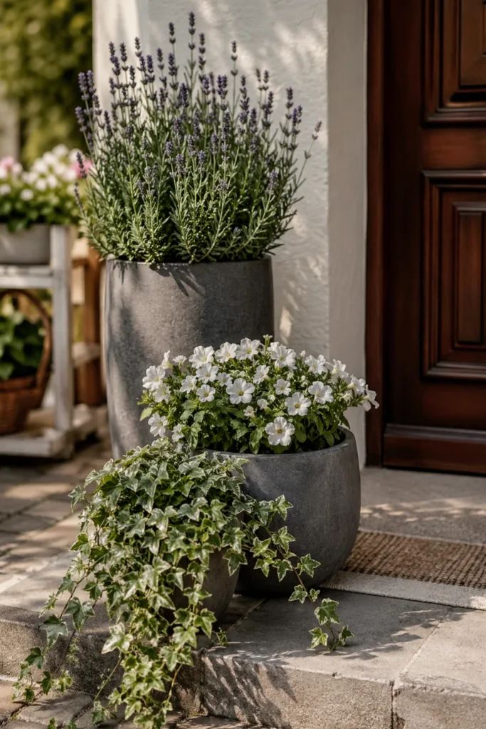 Hauseingangdeko im Mai mit Pflanzkübeln, Lavendel, Blumen und Efeu in moderner Staffelung vor Haustür