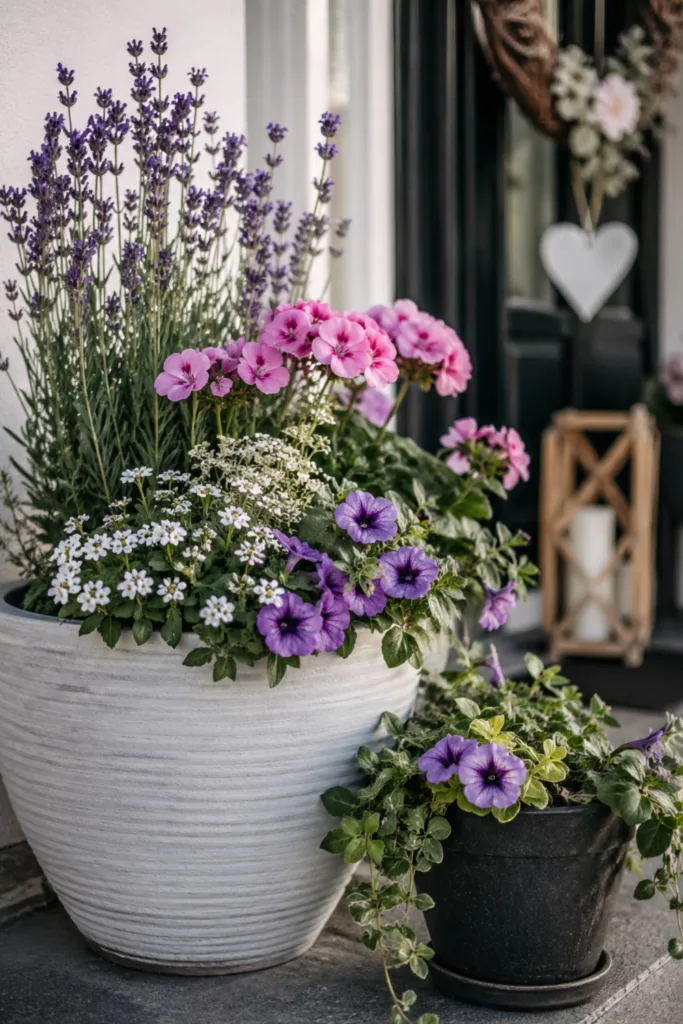 Hauseingangdeko im Mai mit harmonisch kombinierten Blühpflanzen in Pflanzkübeln vor der Haustür