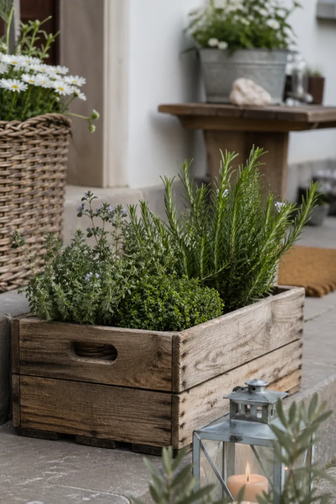 Hauseingangdeko im Mai mit Holzkiste, Kräutern und natürlicher Dekoration am Eingang