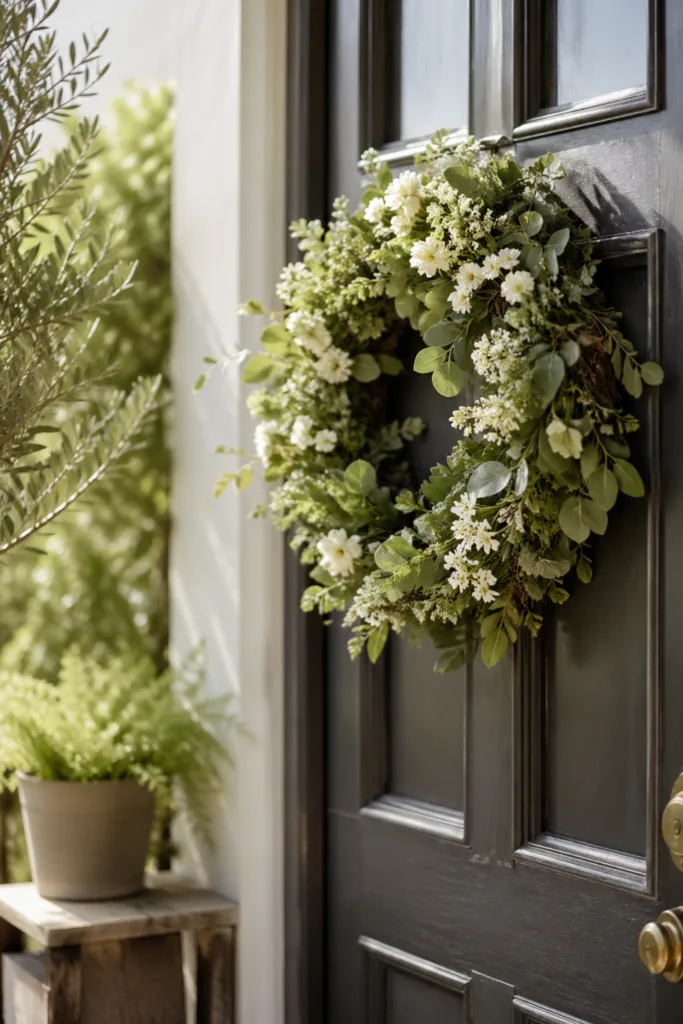 Hauseingangdeko im Mai mit grünem Türkranz an dunkler Haustür, natürliche Frühlingsdeko Eingang draußen