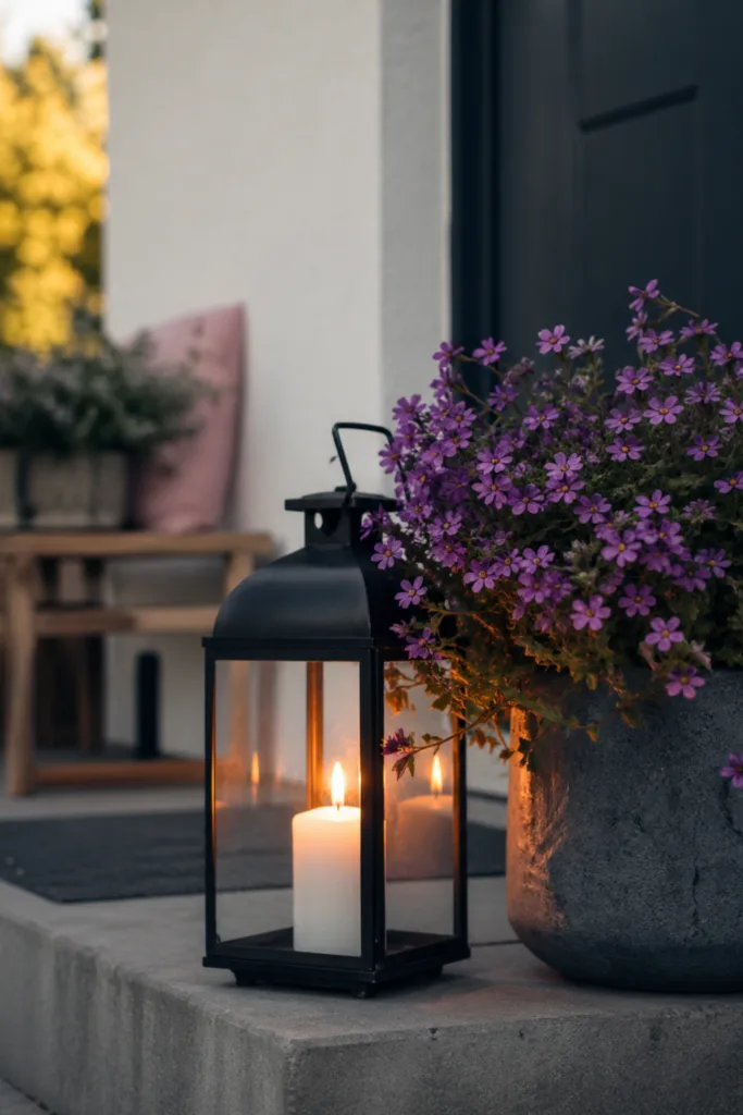 Hauseingang Deko im Mai mit Laterne, Kerze und Blumentopf im Abendlicht