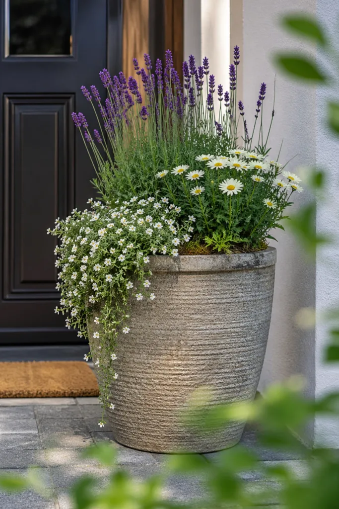 Haustürdeko im Mai mit Lavendel, Margeriten und hängender Pflanze im Topf vor Haustür