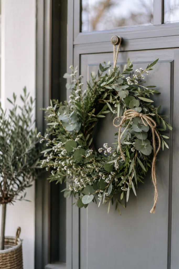 Haustürdeko im Mai mit natürlichem Kranz aus Eukalyptus und Blüten an moderner Haustür