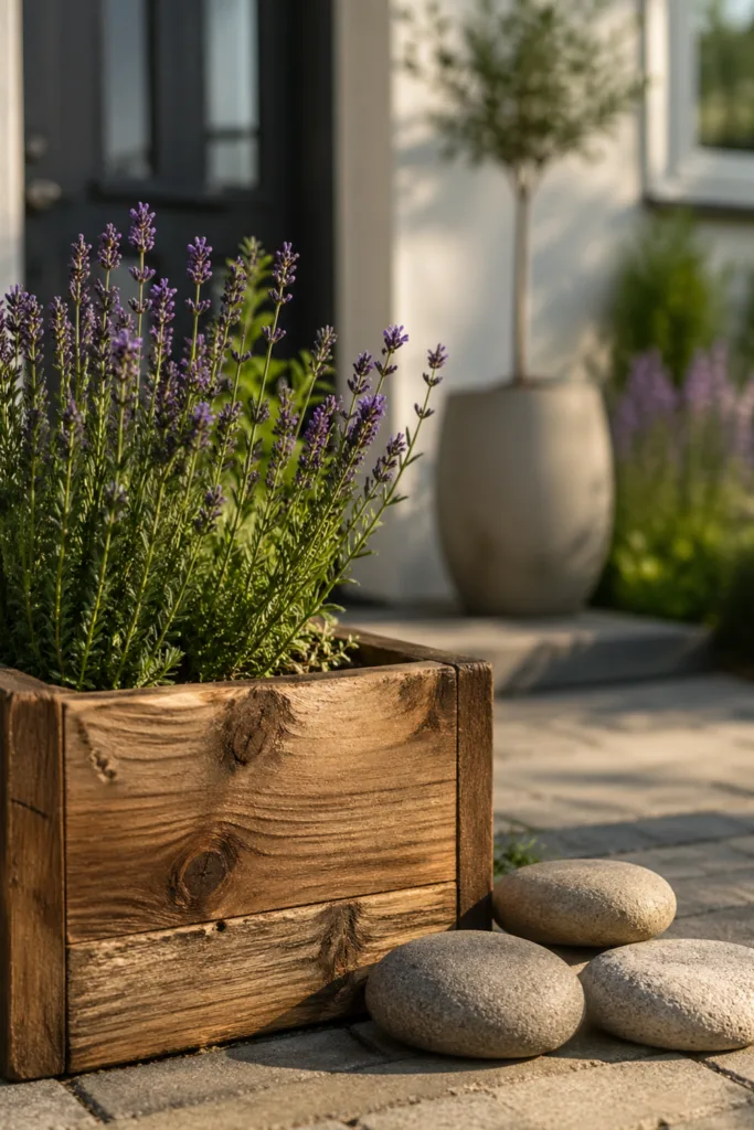 Vorgarten Deko im Mai mit Holz Kübel, Lavendel und Steinen natürlich gestaltet