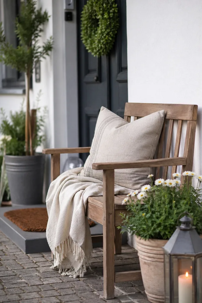 Haustürdeko im Mai mit Holzbank, Kissen und Pflanzen im Eingangsbereich