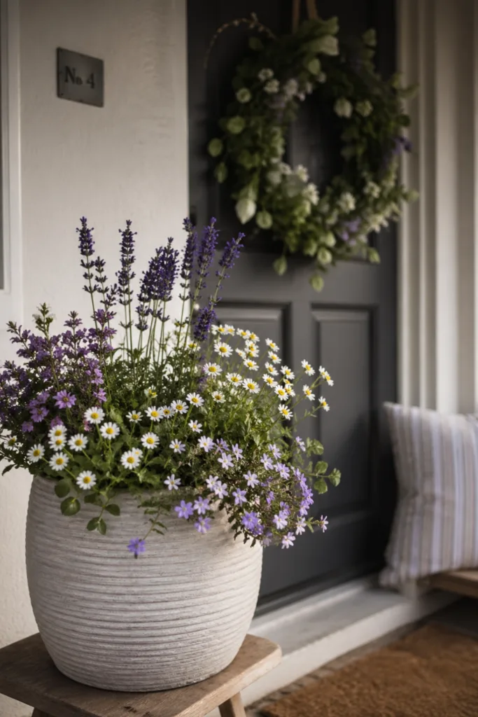 Haustürdeko im Mai mit Farbkonzept aus Lavendel, weißen Blumen und natürlichem Topf vor Eingangstür