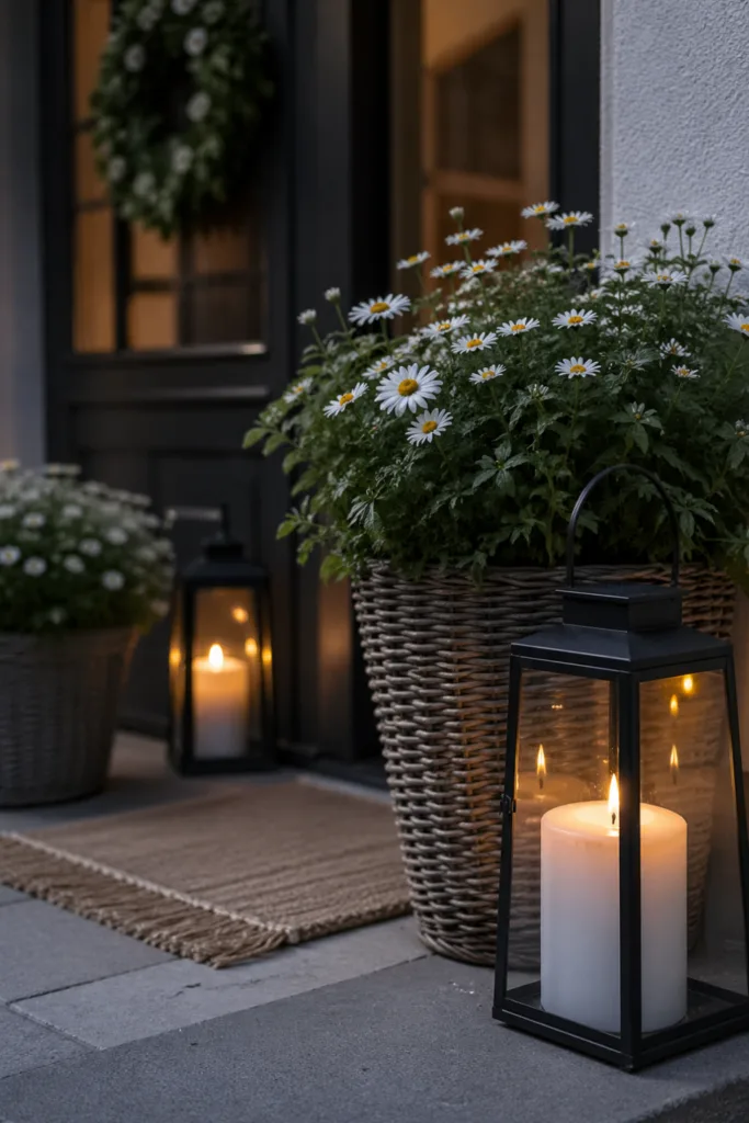 Haustürdeko im Mai mit Laternen, warmem Licht und blühenden Pflanzen am Eingang