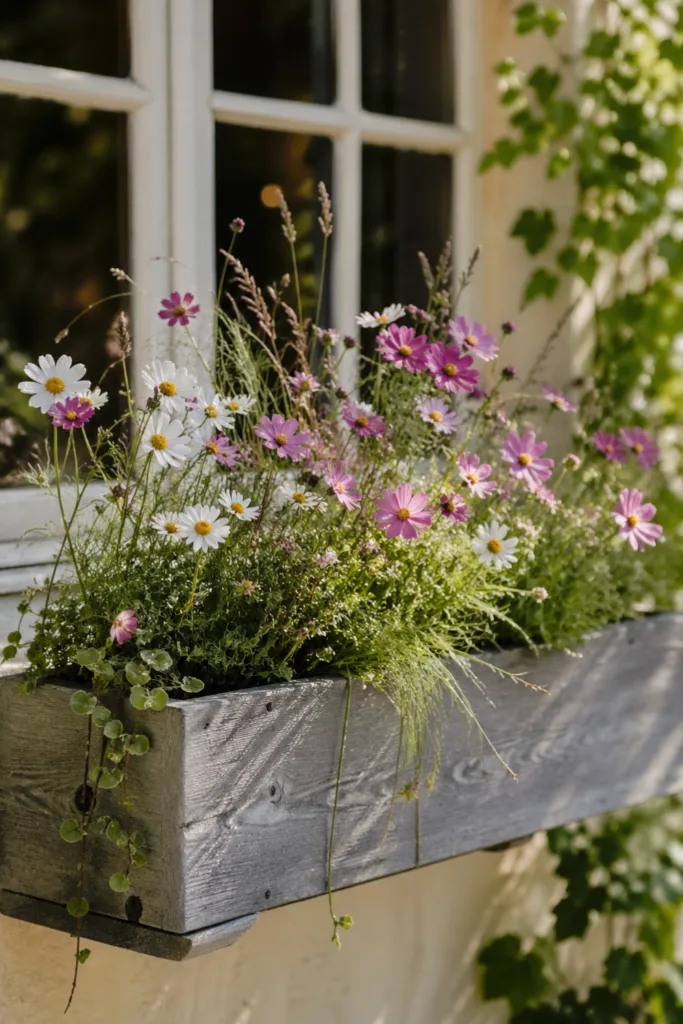 Blumenkasten Deko im Mai mit natürlicher Frühlingswiese aus Cosmea, Margeriten und Gräsern in Holzbox
