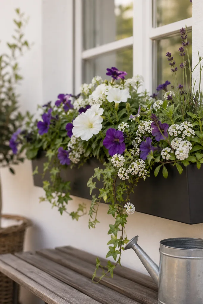 Blumenkasten Deko im Mai mit abgestimmtem Farbkonzept in Weiß und Lila auf Balkon Fensterbank