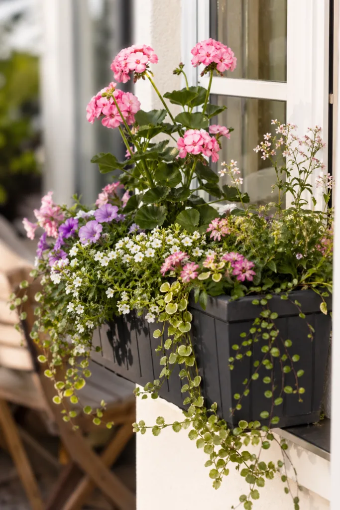 Blumenkasten Deko im Mai mit hängenden, stehenden und füllenden Pflanzen auf Balkon