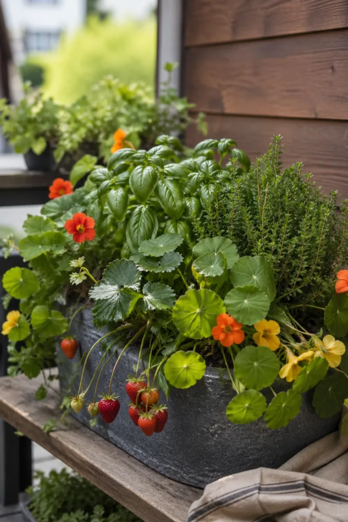 Blumenkasten Deko im Mai mit Erdbeeren, Kräutern und essbaren Pflanzen auf Balkon