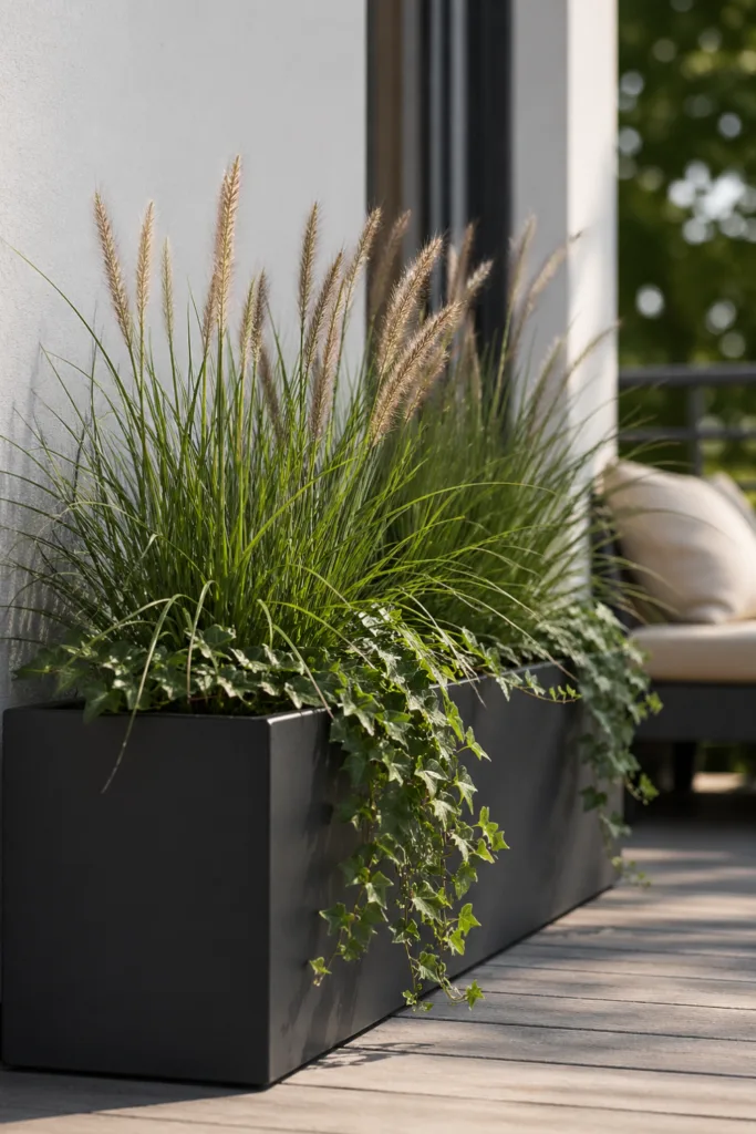 Blumenkasten Deko im Mai minimalistisch mit Gräsern und Efeu auf moderner Terrasse