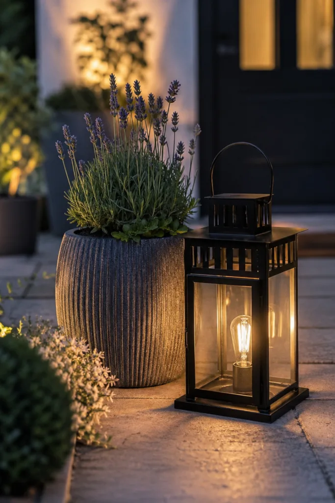 Vorgarten Deko im Mai mit Beleuchtung, Laterne und bepflanztem Kübel am Eingangsbereich