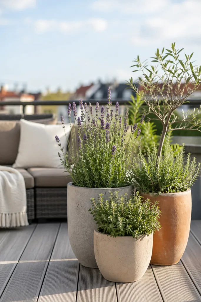 Dachterrasse Deko im Mai mit Pflanzinseln aus Lavendel, Kräutern und großen Pflanzkübeln