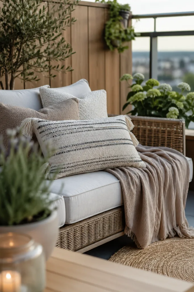 Dachterrasse Deko im Mai mit Outdoor Kissen, Decke und gemütlicher Sitzecke
