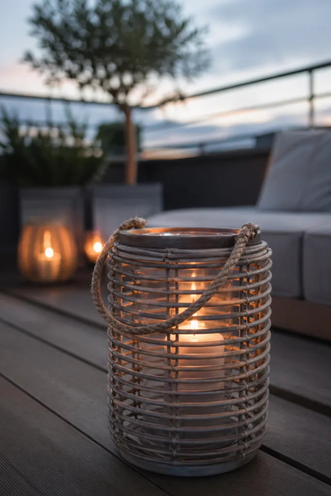 Dachterrasse Deko im Mai mit Laterne, warmem Licht und gemütlicher Abendstimmung