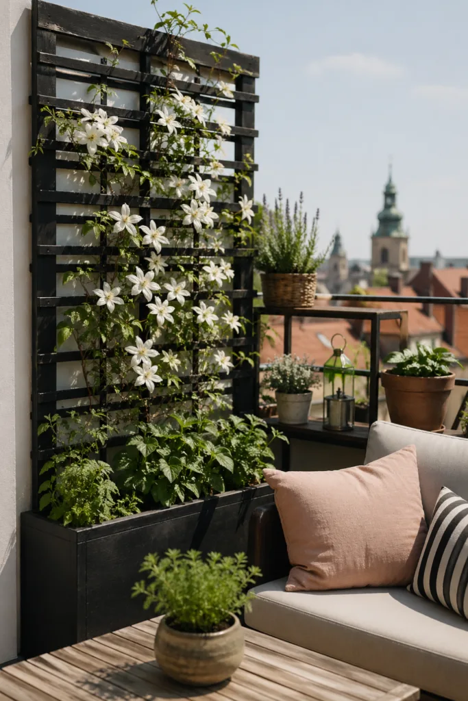 Dachterrasse Deko im Mai mit Rankgitter und Pflanzen für mehr Raumgefühl