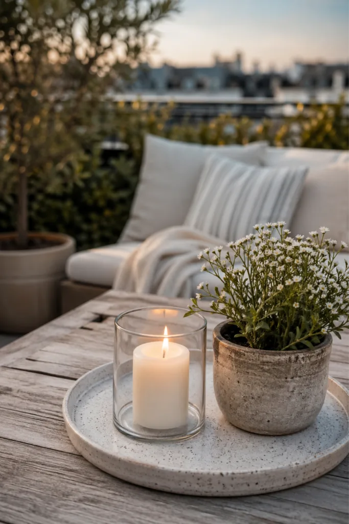 Dachterrasse Deko im Mai mit reduzierter Tischdeko Kerze Pflanze ruhig gestaltet