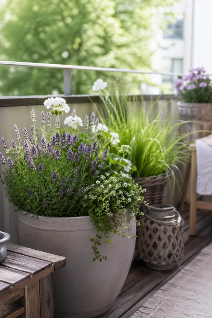 Balkon ohne Dach im Mai mit robuster Pflanzenecke aus Lavendel, Gräsern und wetterfesten Kübeln