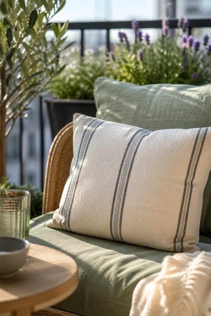 Balkon ohne Dach im Mai mit wetterfesten Kissen und Textilien dekoriert
