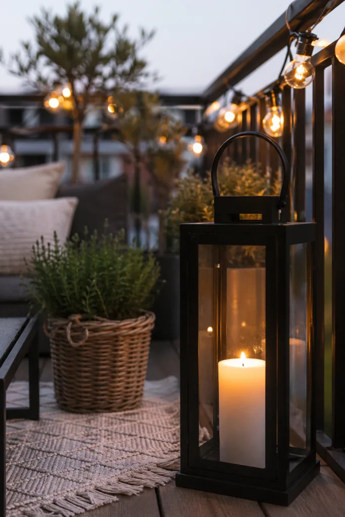 Balkon ohne Dach im Mai mit Lichterkette und Laterne für gemütliche Beleuchtung
