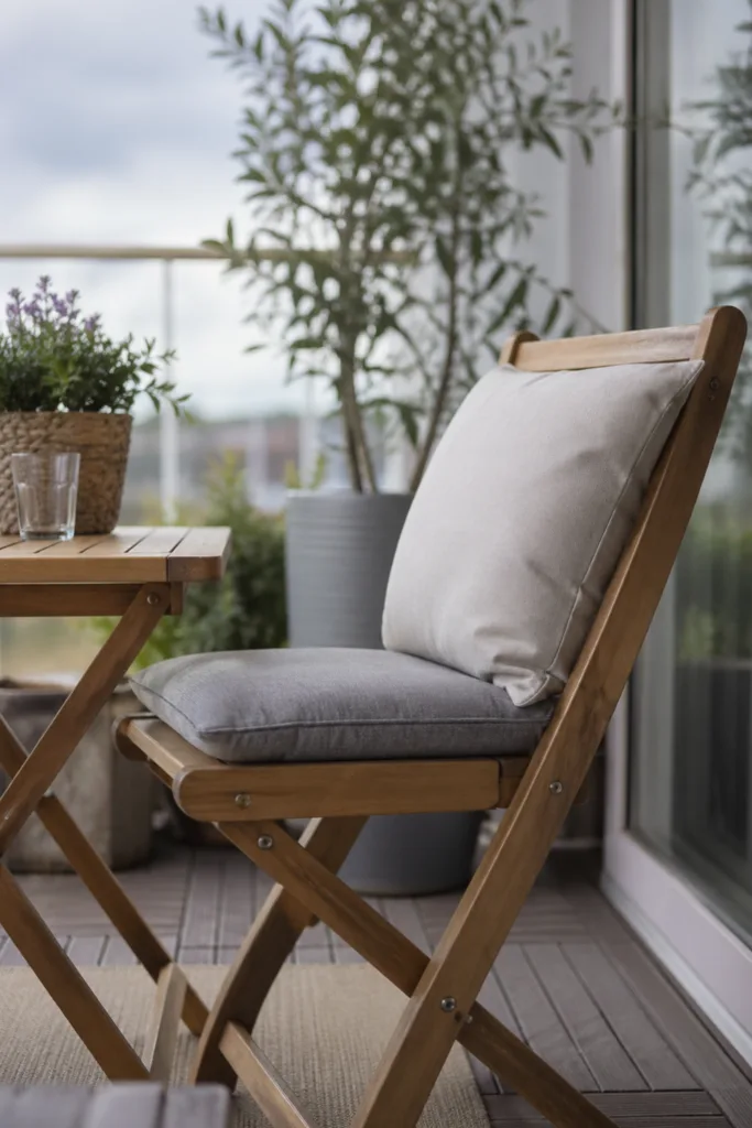 Balkon ohne Dach Deko im Mai mit Holzstuhl, Kissen und Pflanzen, gemütlich und wetterfest gestaltet