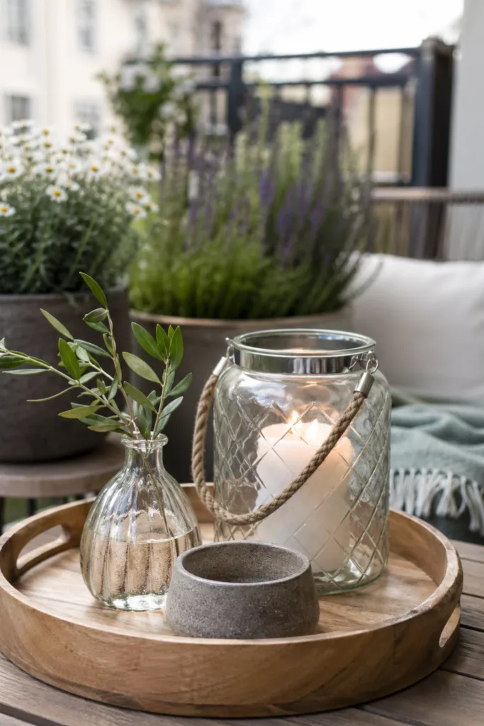 Balkon ohne Dach Deko im Mai mit Tablett, Kerze und Pflanzen, stilvoll und wetterfest gestaltet
