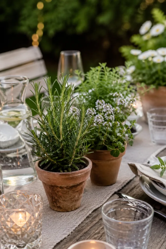 Gartenparty Deko im Mai mit Kräutern in Töpfen auf Holztisch, natürliche Tischdeko draußen