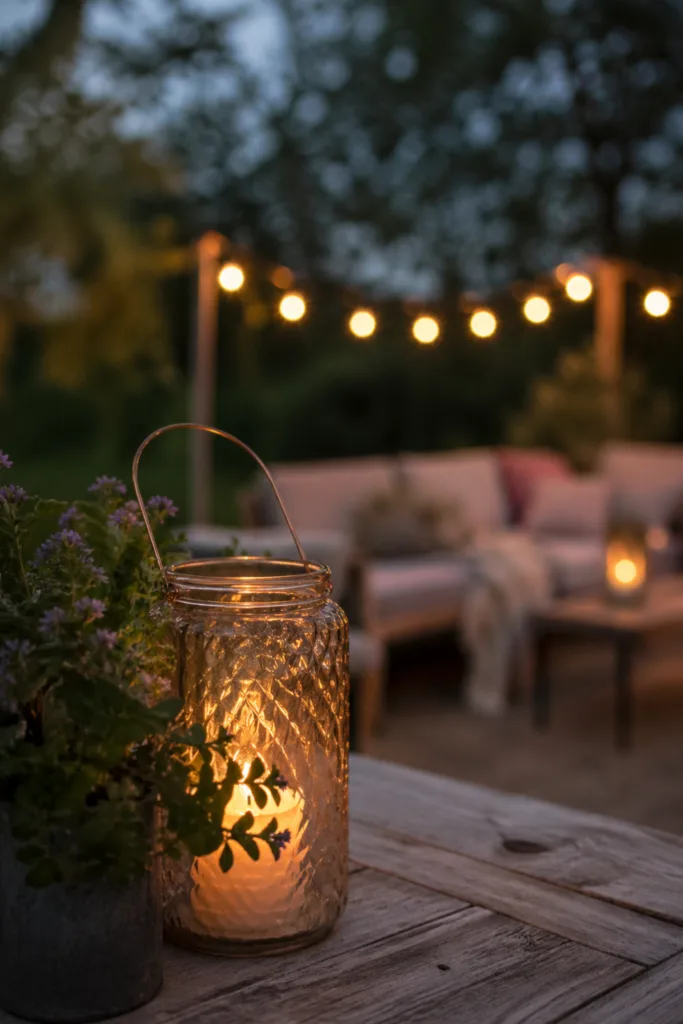 Gartenparty Deko im Mai mit Lichtinseln, Laterne und Lichterkette im Garten bei Abendstimmung