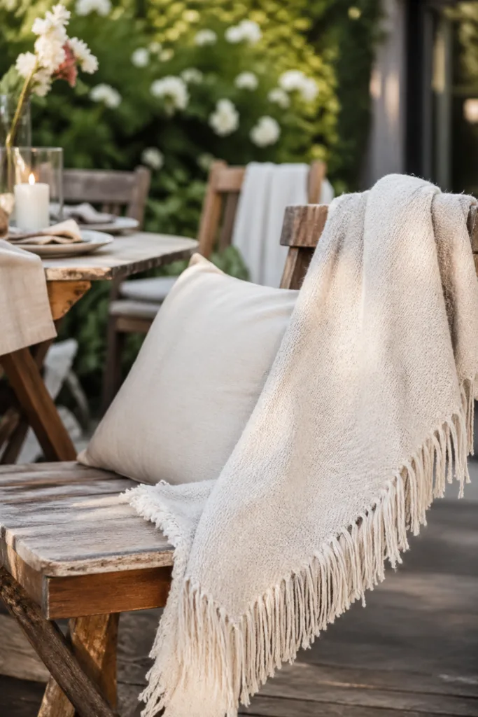 Gartenparty Deko im Mai mit Decken, Kissen und Holzstuhl für mehr Gemütlichkeit