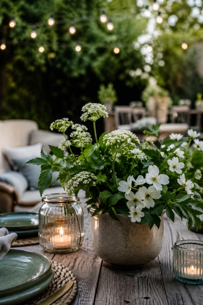 Gartenparty Deko im Mai mit kleiner Deko-Zone, Tisch, Blumen und Licht