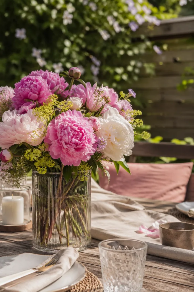 Gartenparty Deko im Mai mit Pfingstrosen, Glasvase und Holztisch im Garten