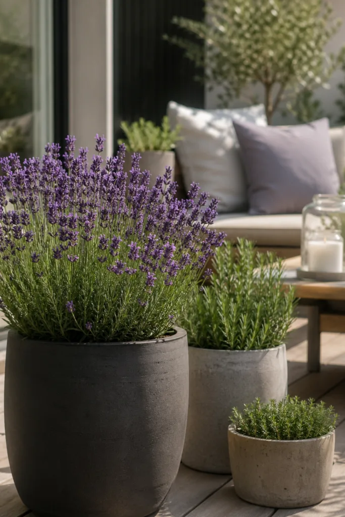 Terrassendeko im Mai mit Lavendel, Kräutern und modernen Pflanzkübeln auf Holzterrasse