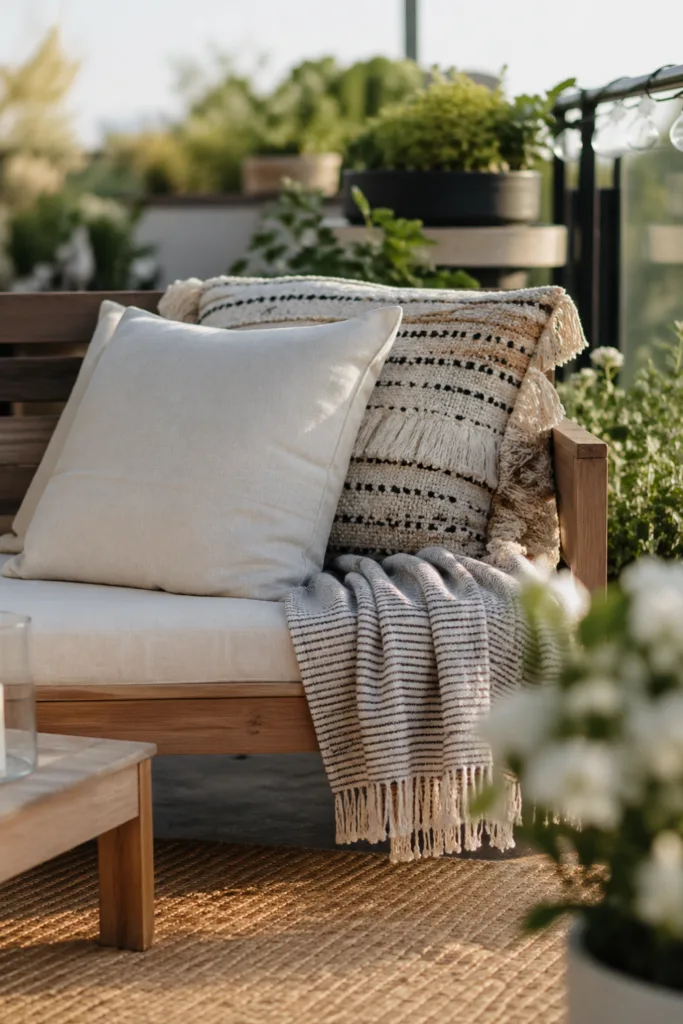 Terrassendeko im Mai mit Kissen und Decke für mehr Wohnlichkeit