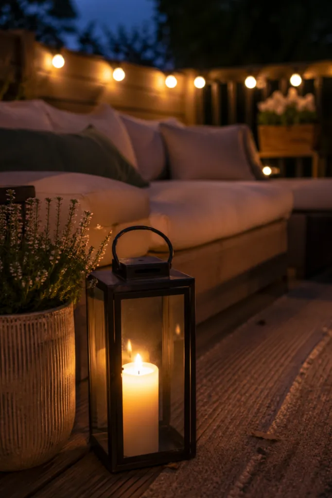 Terrassen Deko im Mai mit Laterne, Kerze und Lichterkette für stimmungsvolle Abendbeleuchtung