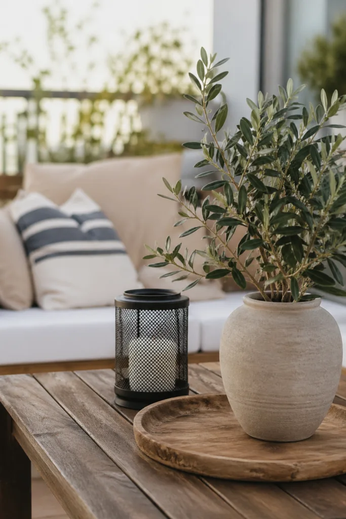 Terrassendeko im Mai mit Holz, Keramik und Metall harmonisch kombiniert auf moderner Terrasse