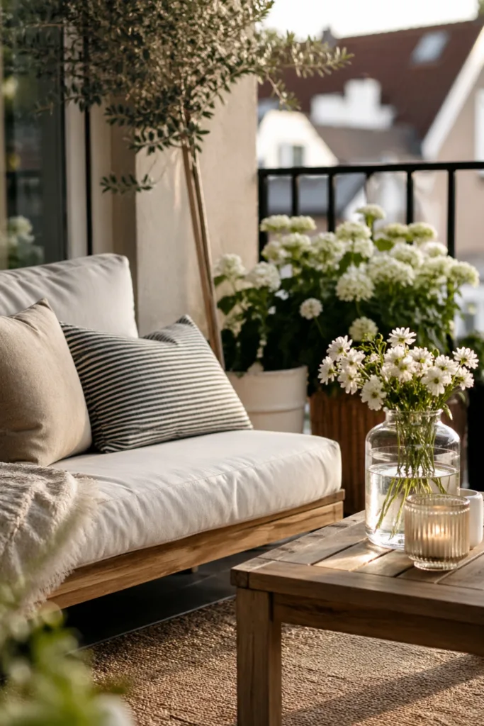 Terrassen Deko im Mai mit Sitzbereich, Pflanzen und klar abgegrenzten Zonen für gemütliche Atmosphäre